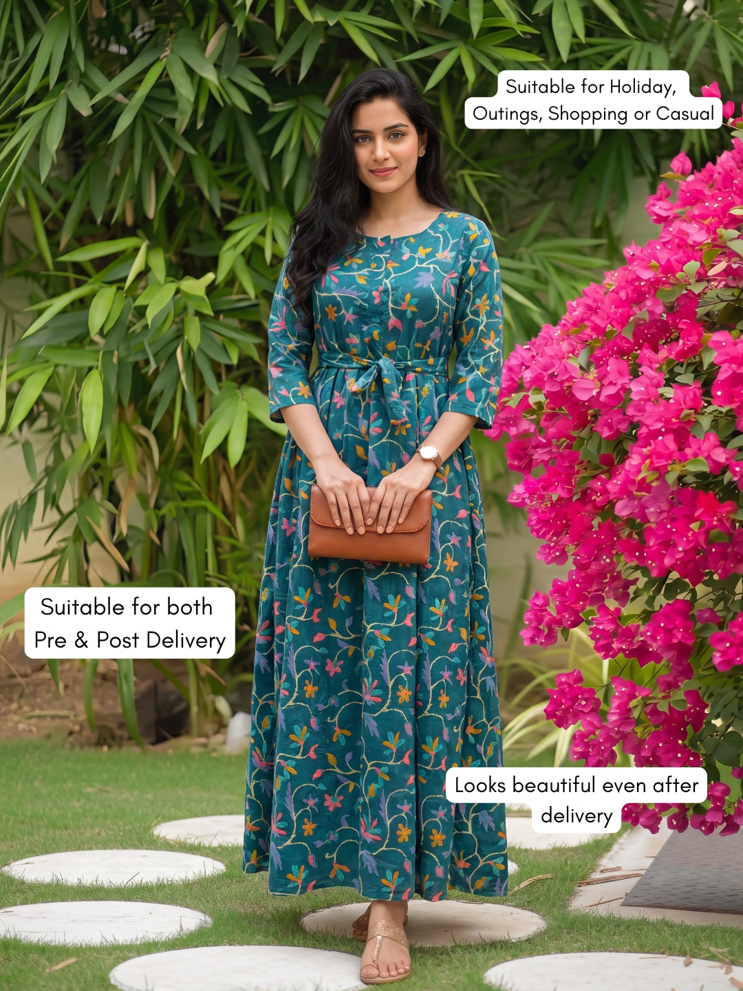 Daisy Sea Green - Maternity Dress with Feeding Zips - Pure Cotton
