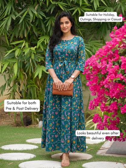Daisy Sea Green - Maternity Dress with Feeding Zips - Pure Cotton