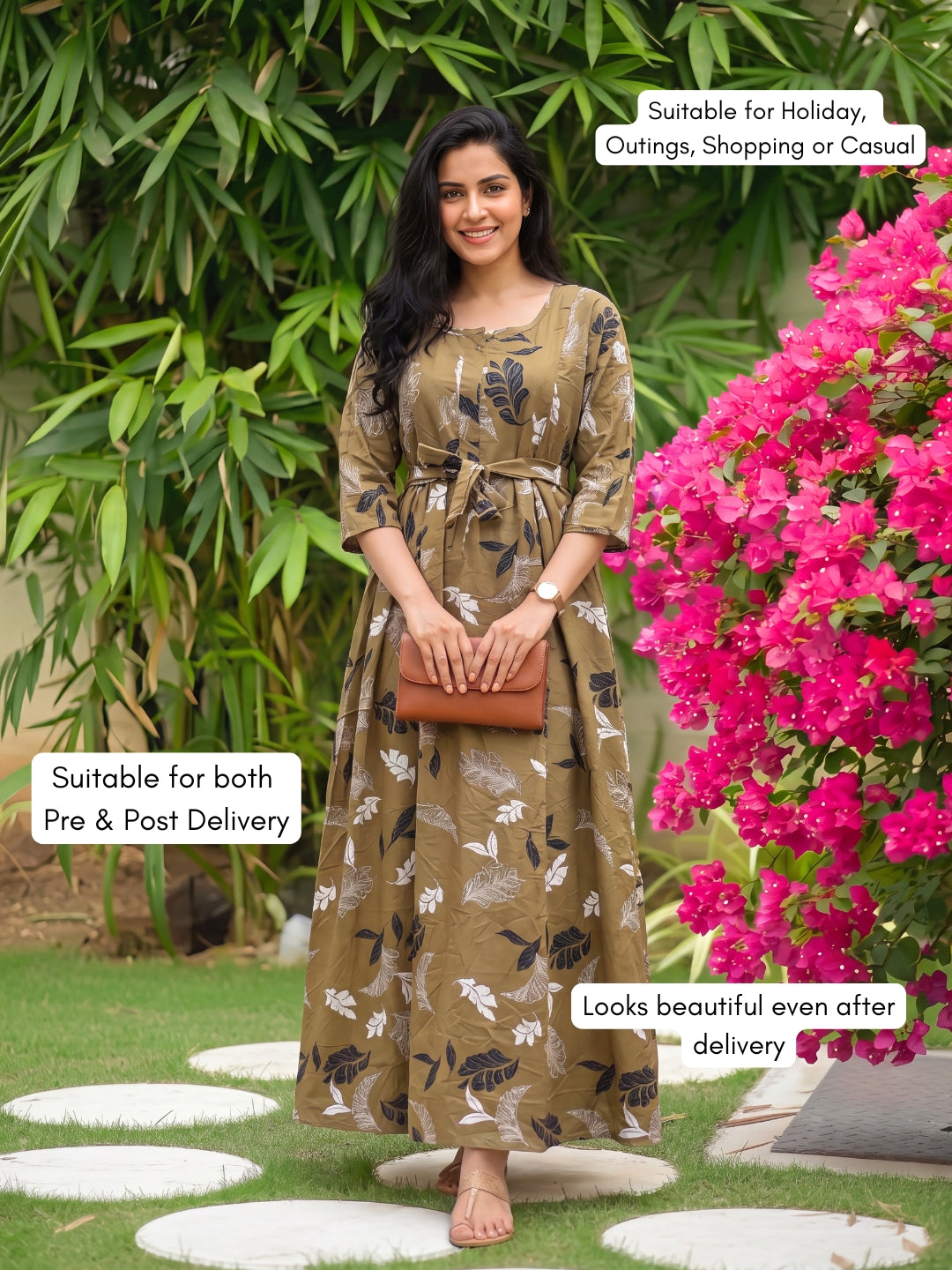 Brown White Leaf - Maternity Dress with Feeding Zips - Soft Rayon