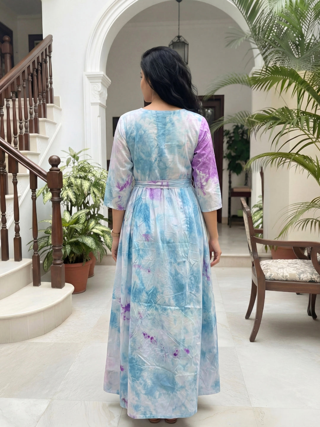 Tye Dye - Sky Blue Purple - Maternity Kurti with Feeding Zips - Soft Rayon