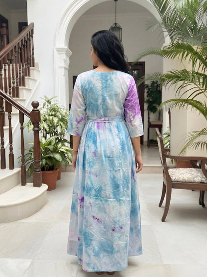 Tye Dye - Sky Blue Purple - Maternity Kurti with Feeding Zips - Soft Rayon