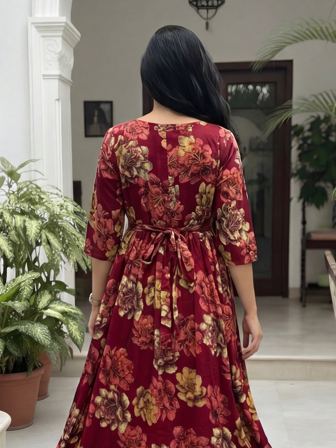 Gold & Cream Flower - Maroon - Maternity Kurti with Feeding Zips - Soft Rayon
