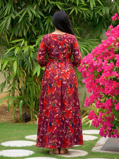 Floral - Wine - Maternity Kurti with Feeding Zips - Soft Rayon