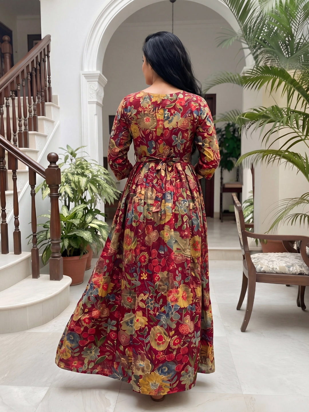 Maroon Grey Flower - Maternity Kurti with Feeding Zips - Soft Rayon