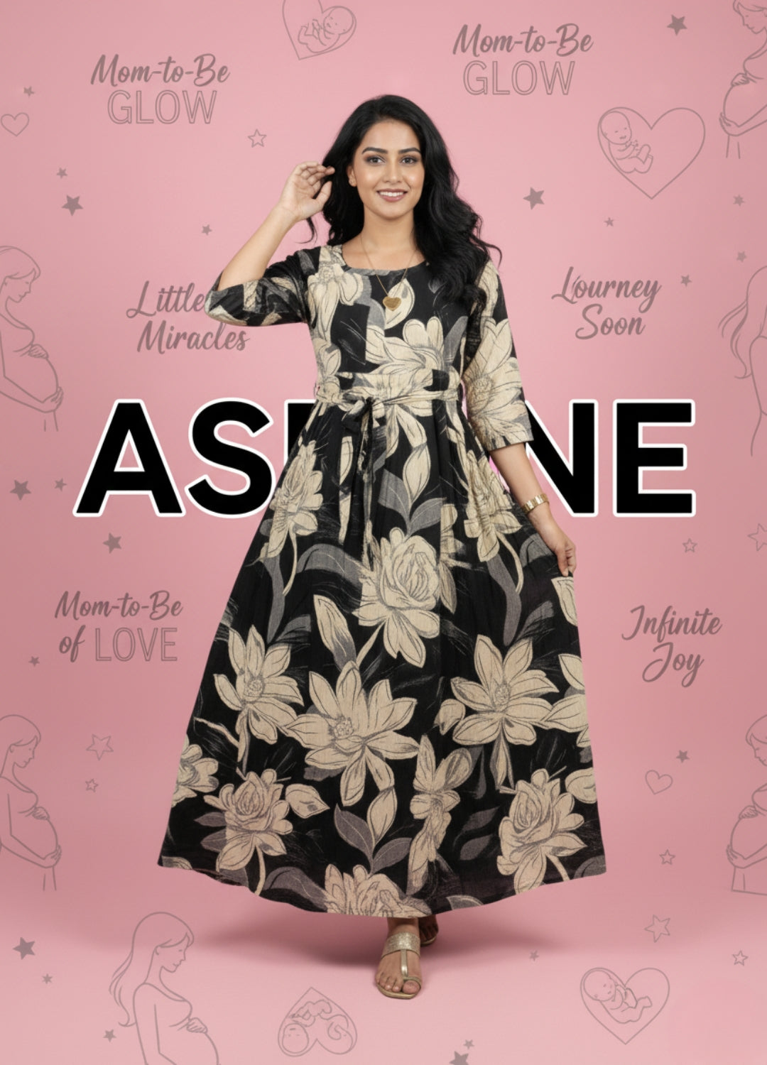 Black Cream Rose - Maternity Kurti with Feeding Zips - Soft Rayon