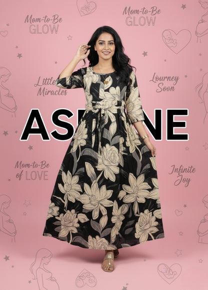 Black Cream Rose - Maternity Kurti with Feeding Zips - Soft Rayon