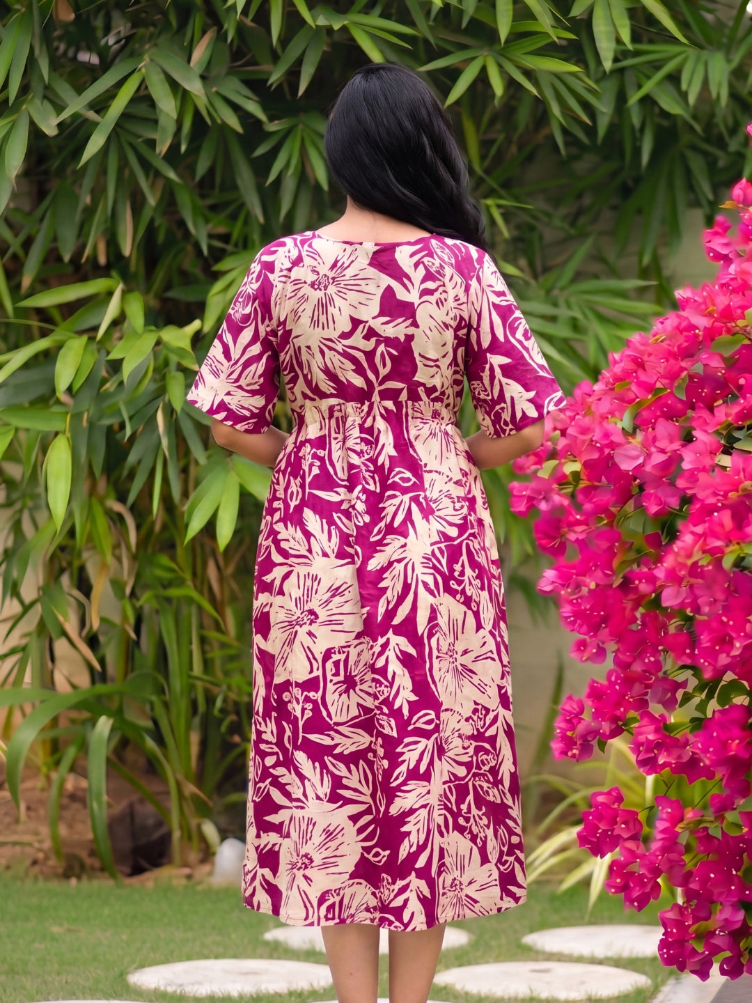 Hibiscus Pink - Knee Length Maternity Dress with Feeding Zips - Soft Rayon