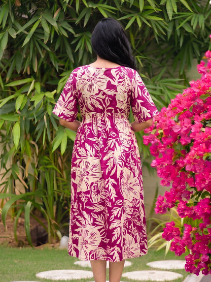 Hibiscus Pink - Knee Length Maternity Dress with Feeding Zips - Soft Rayon