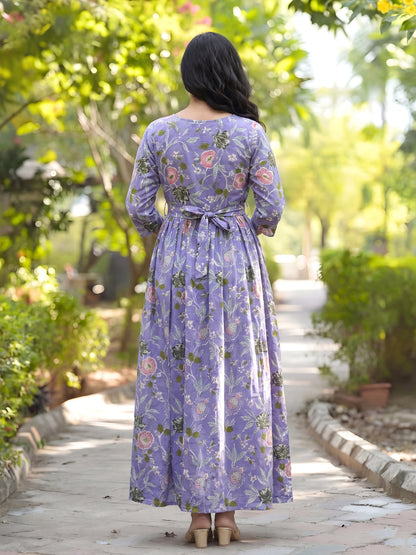 Lavander Green Flower - Maternity Kurti with Feeding Zips - Cambric Cotton