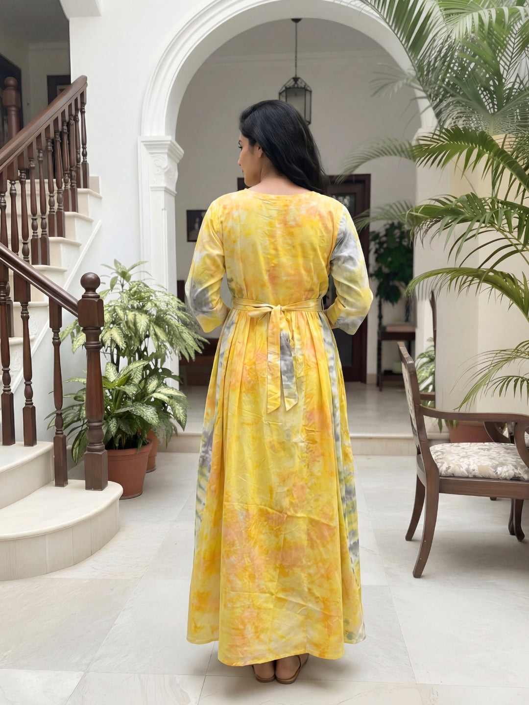 Tye Dye - Yellow Grey - Maternity Kurti with Feeding Zips - Soft Rayon