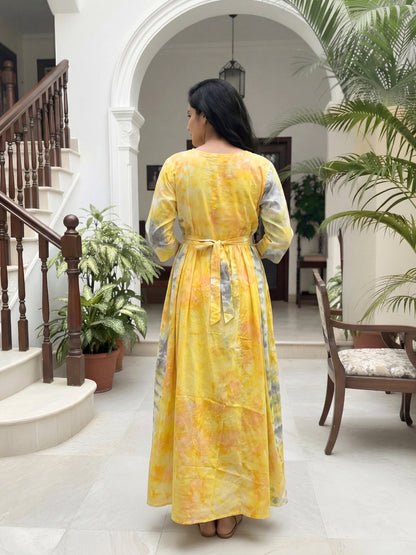 Tye Dye - Yellow Grey - Maternity Kurti with Feeding Zips - Soft Rayon