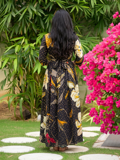 Nerium Flower - Black - Maternity Kurti with Feeding Zips - Soft Rayon