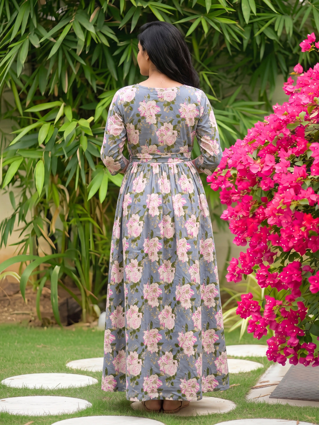 Exotic Flower - Sky Blue - Maternity Dress with Feeding Zips - Pure Cotton