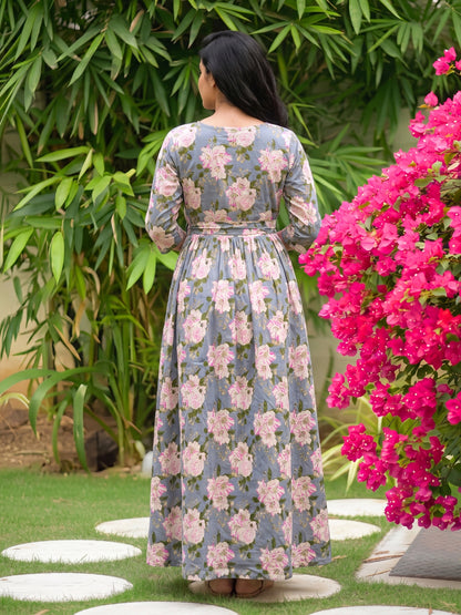 Exotic Flower - Sky Blue - Maternity Dress with Feeding Zips - Pure Cotton