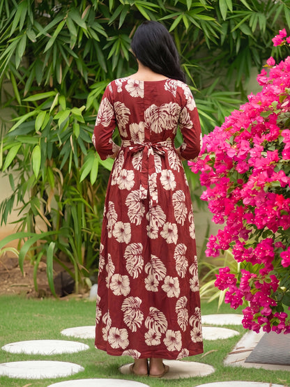 Swiss Cheese - Maroon - Maternity Dress with Feeding Zips - Pure Cotton
