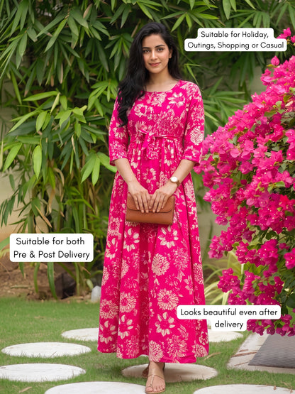Marigold Peach - Maternity Dress with Feeding Zips - Pure Cotton