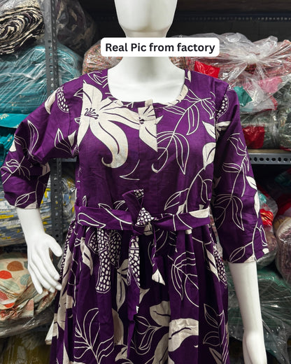 Lily flower Purple - Maternity Kurti with Feeding Zips - Cotton Flex - Thicker Fabric