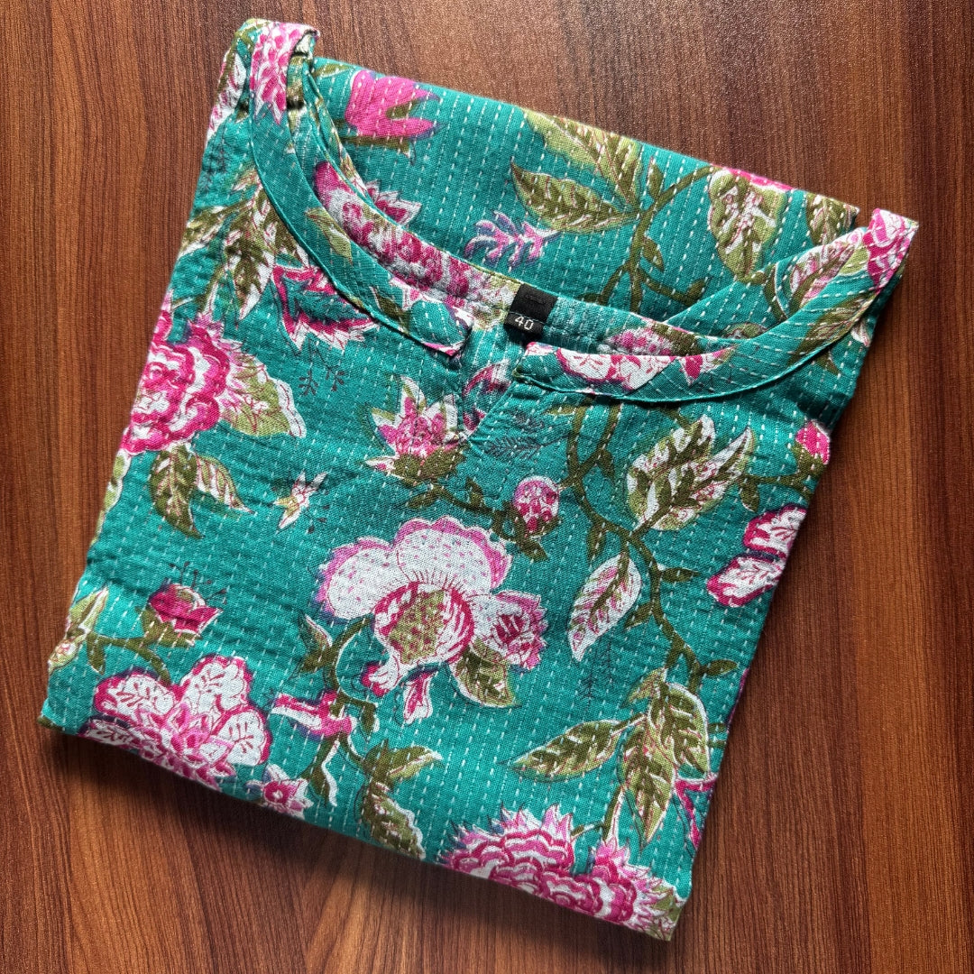 Katha Work - Green Pink Flower - Cord Set - Pure Cotton