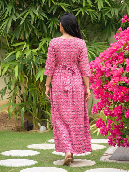 Pink Grey Flower - Maternity Dress with Feeding Zips - Pure Cotton