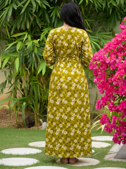 White Flower - Mustard - Maternity Kurti with Feeding Zips - Soft Rayon