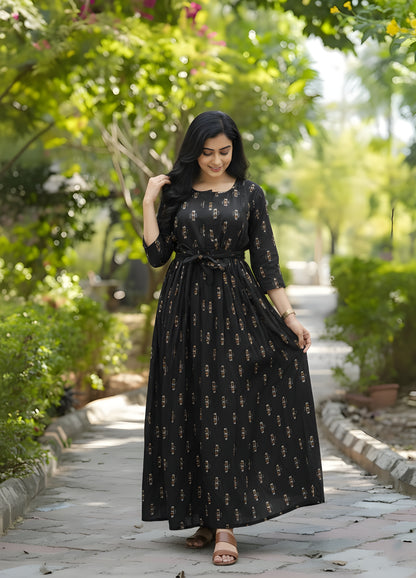 Royal Black Ajrakh - Maternity Kurti with Feeding Zips - Cambric Cotton