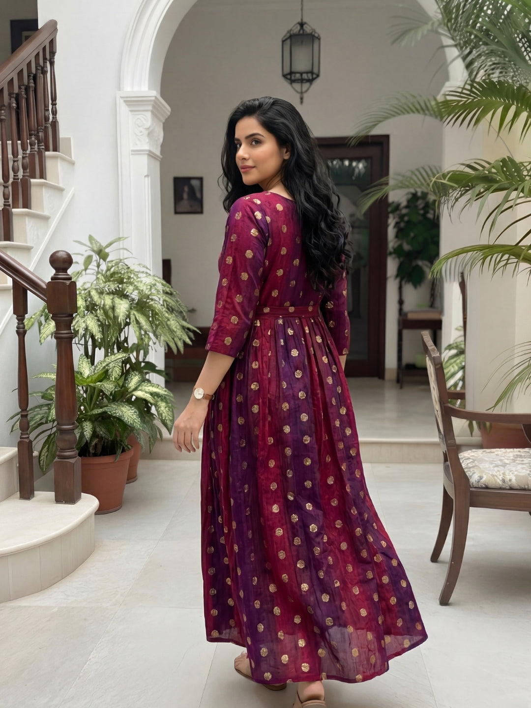 Gold Flower - Purple Maroon  - Maternity Kurti with Feeding Zips - Soft Rayon
