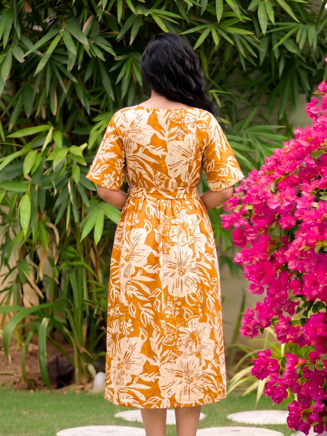 Hibiscus Yellow - Knee Length Maternity Dress with Feeding Zips - Soft Rayon