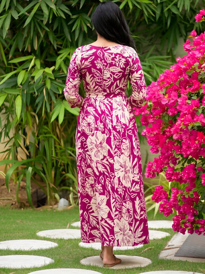 Hibiscus - Pink White - Maternity Kurti with Feeding Zips - Soft Rayon