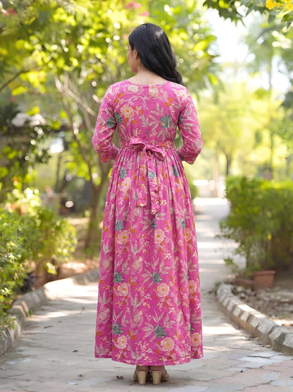 Pink Green Flower - Maternity Kurti with Feeding Zips - Cambric Cotton