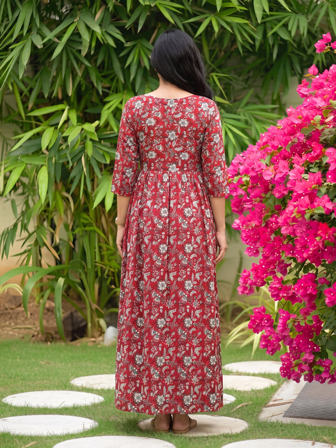 Maroon Forrest Print - Maternity Kurti with Feeding Zips - Cotton Flex - Thicker Fabric