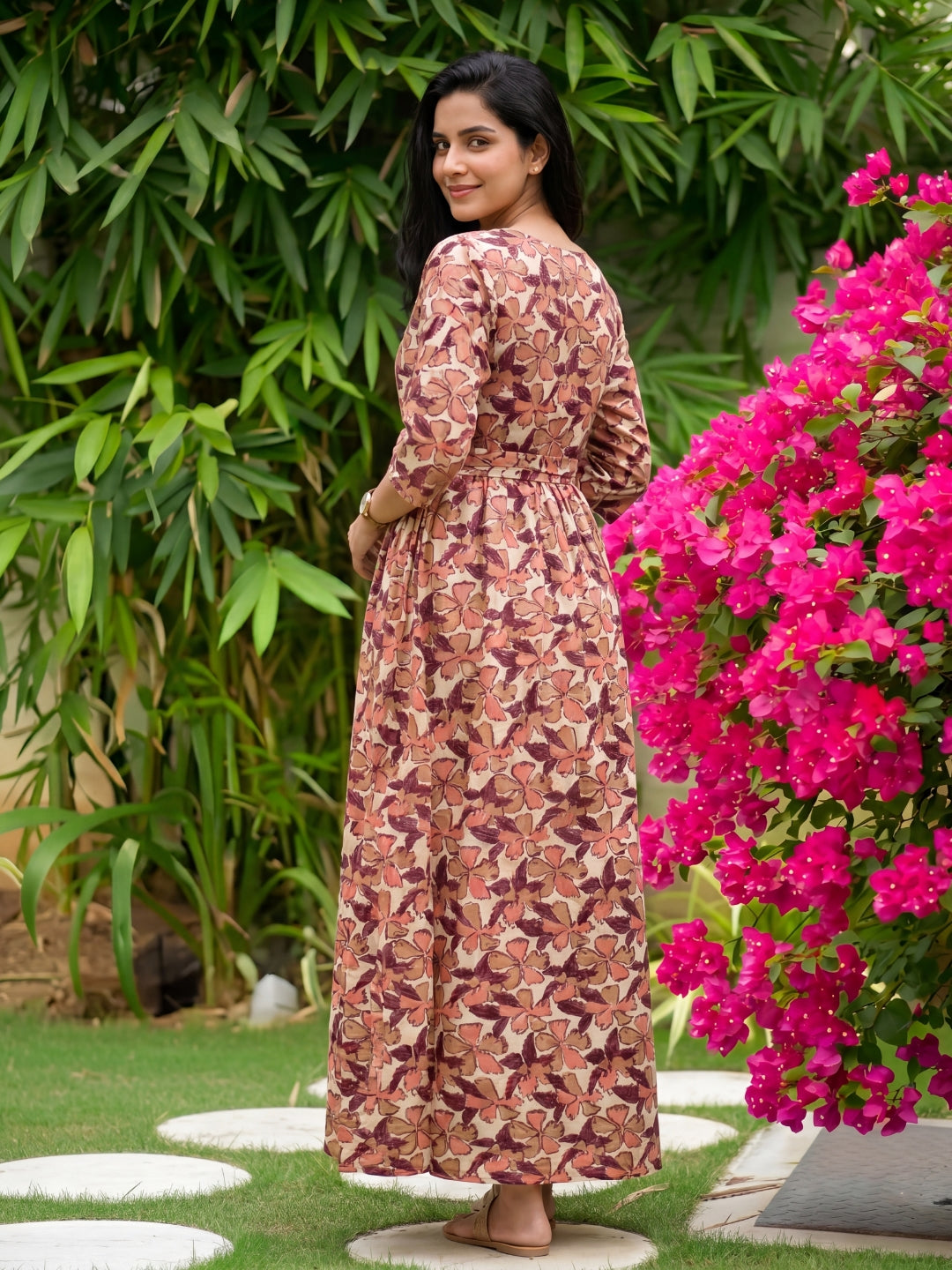 Pink Cream Leaf - Maternity Kurti with Feeding Zips - Cotton Flex - Thicker Fabric