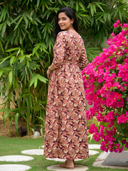 Pink Cream Leaf - Maternity Kurti with Feeding Zips - Cotton Flex - Thicker Fabric