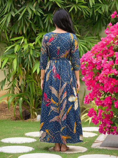 Nerium Flower - Blue - Maternity Kurti with Feeding Zips - Soft Rayon