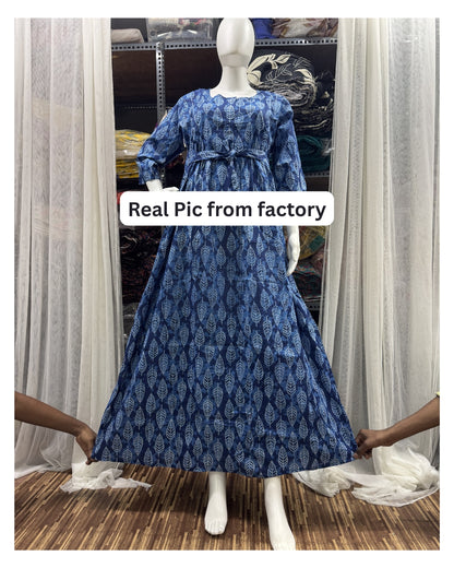 Blue White Leaves - Maternity Kurti with Feeding Zips - Cambric Cotton