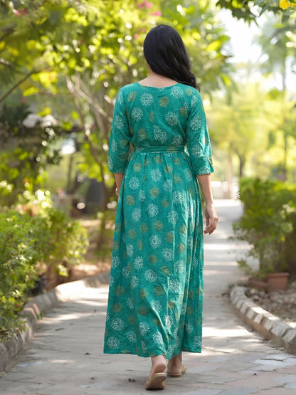 Marigold Rayon - Sea Green White - Maternity Kurti with Feeding Zips - Soft Rayon