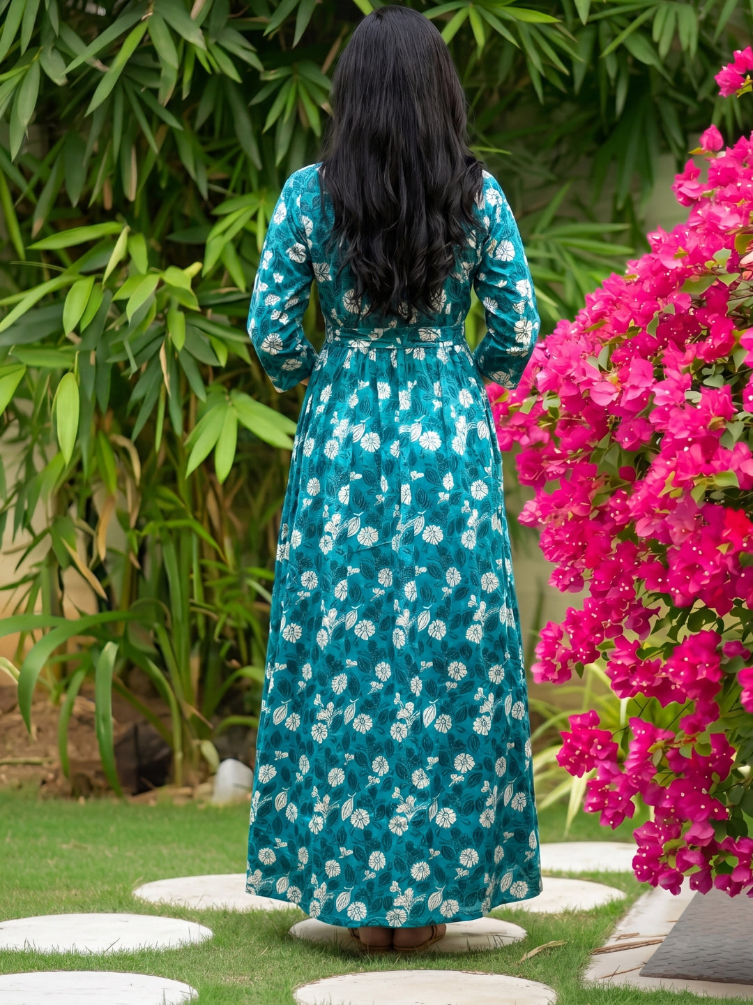 White Flower - Sea Blue - Maternity Kurti with Feeding Zips - Soft Rayon