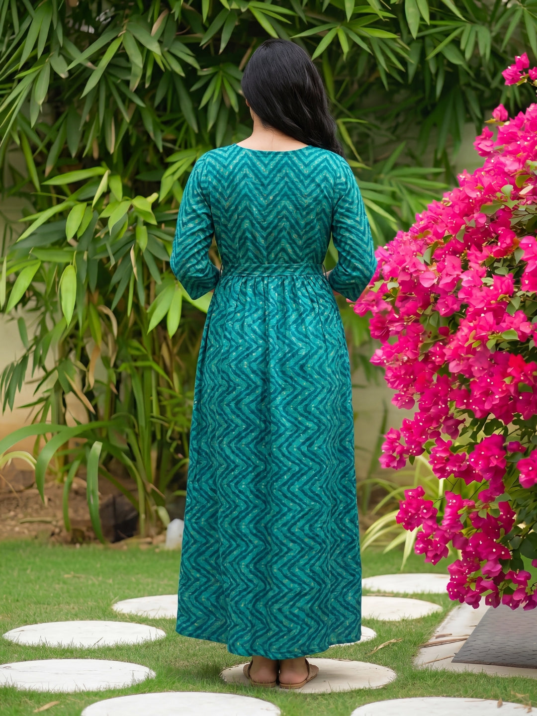 Peacock Bandhani Zigzag - Maternity Kurti with Feeding Zips - Soft Rayon