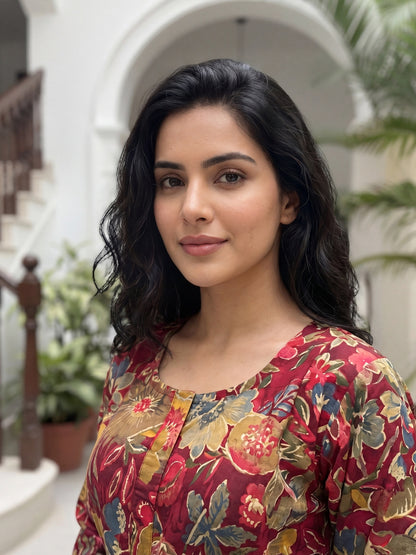 Maroon Grey Flower - Maternity Kurti with Feeding Zips - Soft Rayon