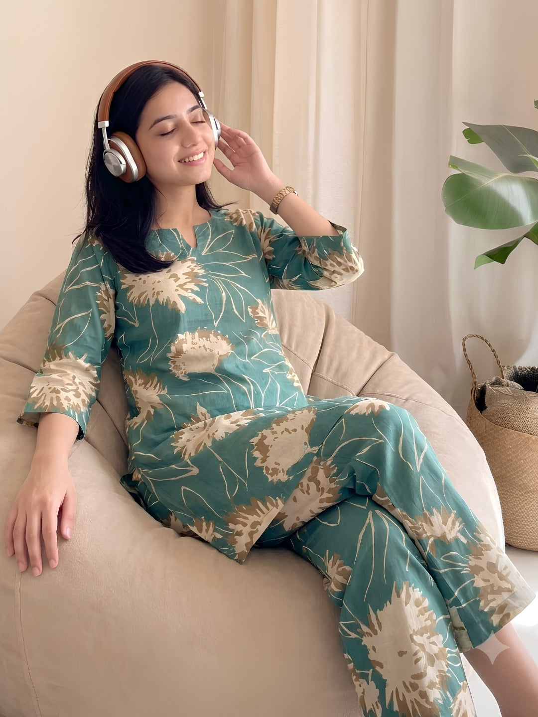 Turquoise Cream Flower - Cord Set - Pure Cotton