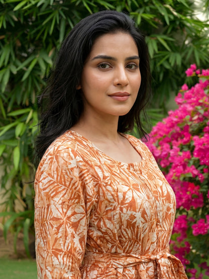 Tropical Orange White Flower - Maternity Kurti with Feeding Zips - Soft Rayon