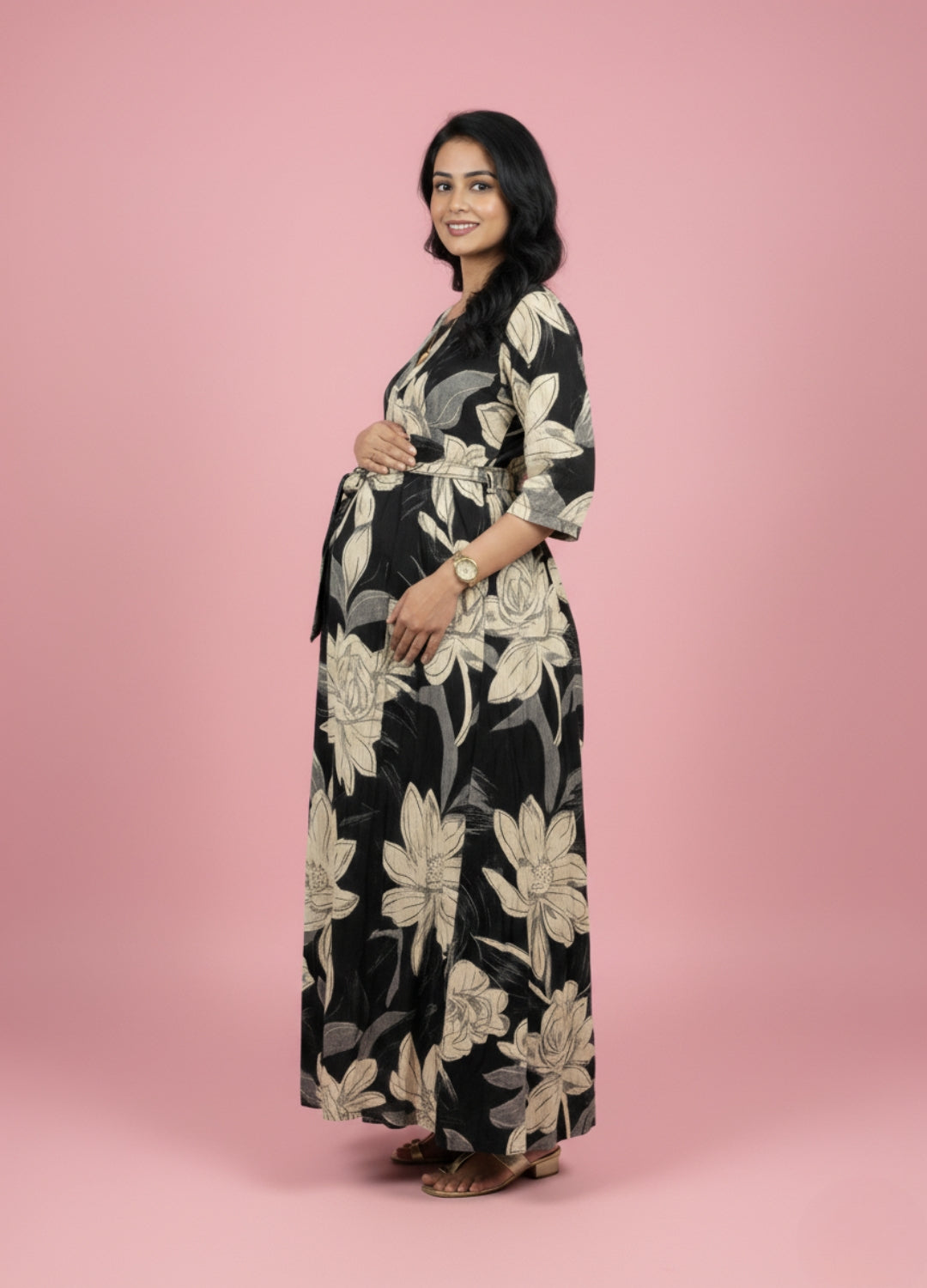 Black Cream Rose - Maternity Kurti with Feeding Zips - Soft Rayon