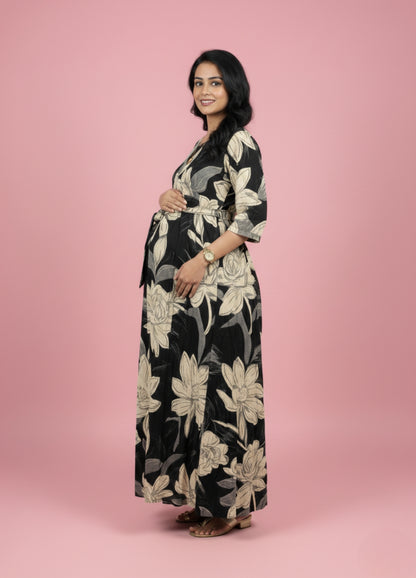 Black Cream Rose - Maternity Kurti with Feeding Zips - Soft Rayon
