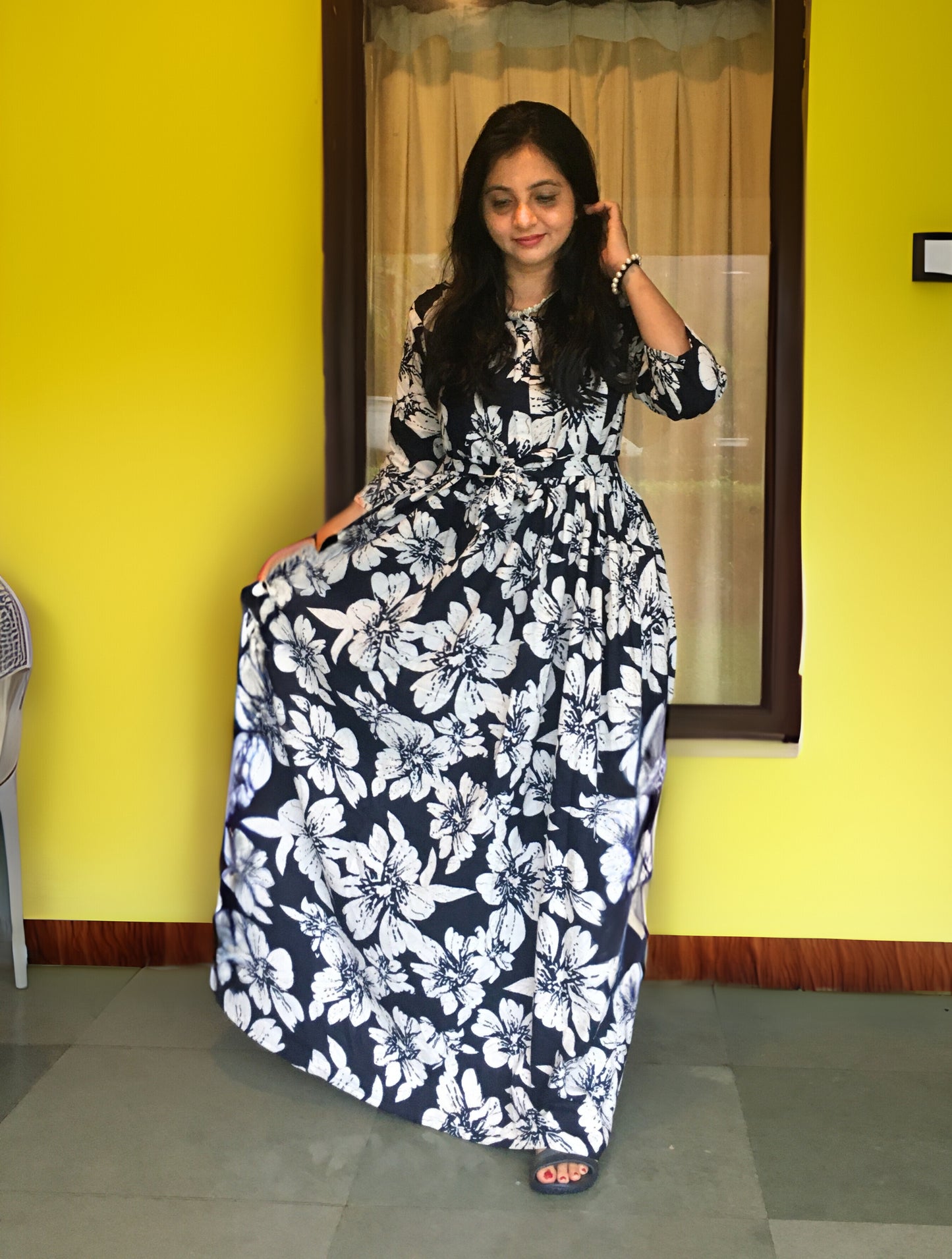 Hibiscus - Navy Blue - Maternity Kurti with Feeding Zips - Cotton Flex - Thicker Fabric