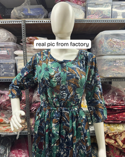 Floral Peacock Blue - Maternity Kurti with Feeding Zips - Soft Rayon