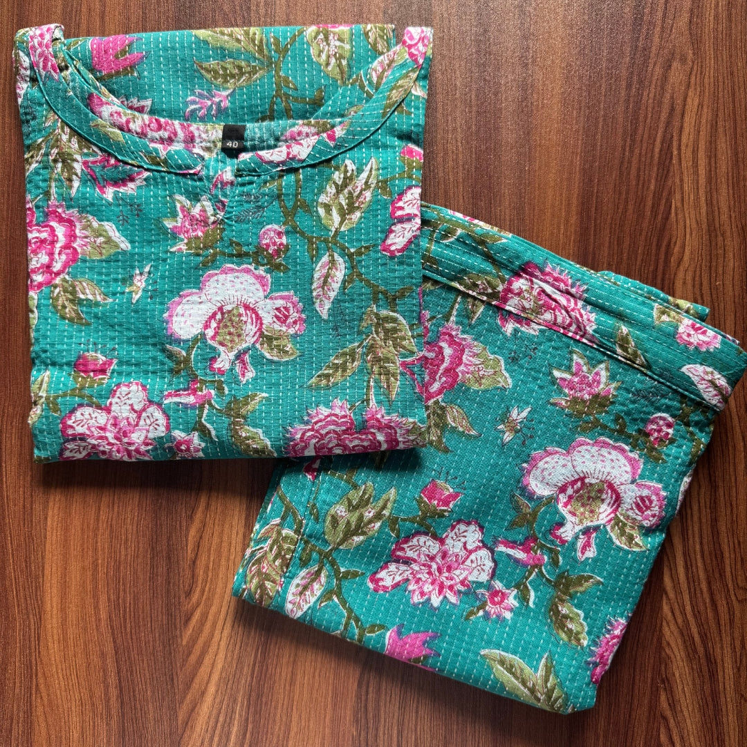 Katha Work - Green Pink Flower - Cord Set - Pure Cotton