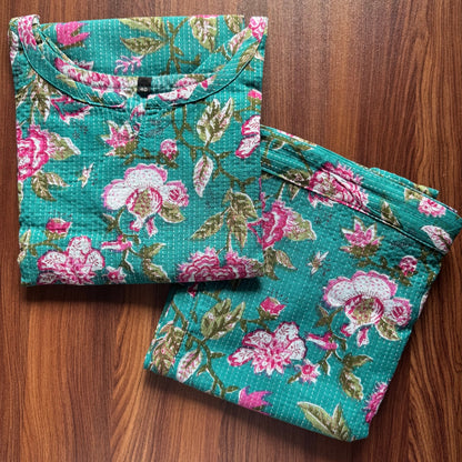 Katha Work - Green Pink Flower - Cord Set - Pure Cotton