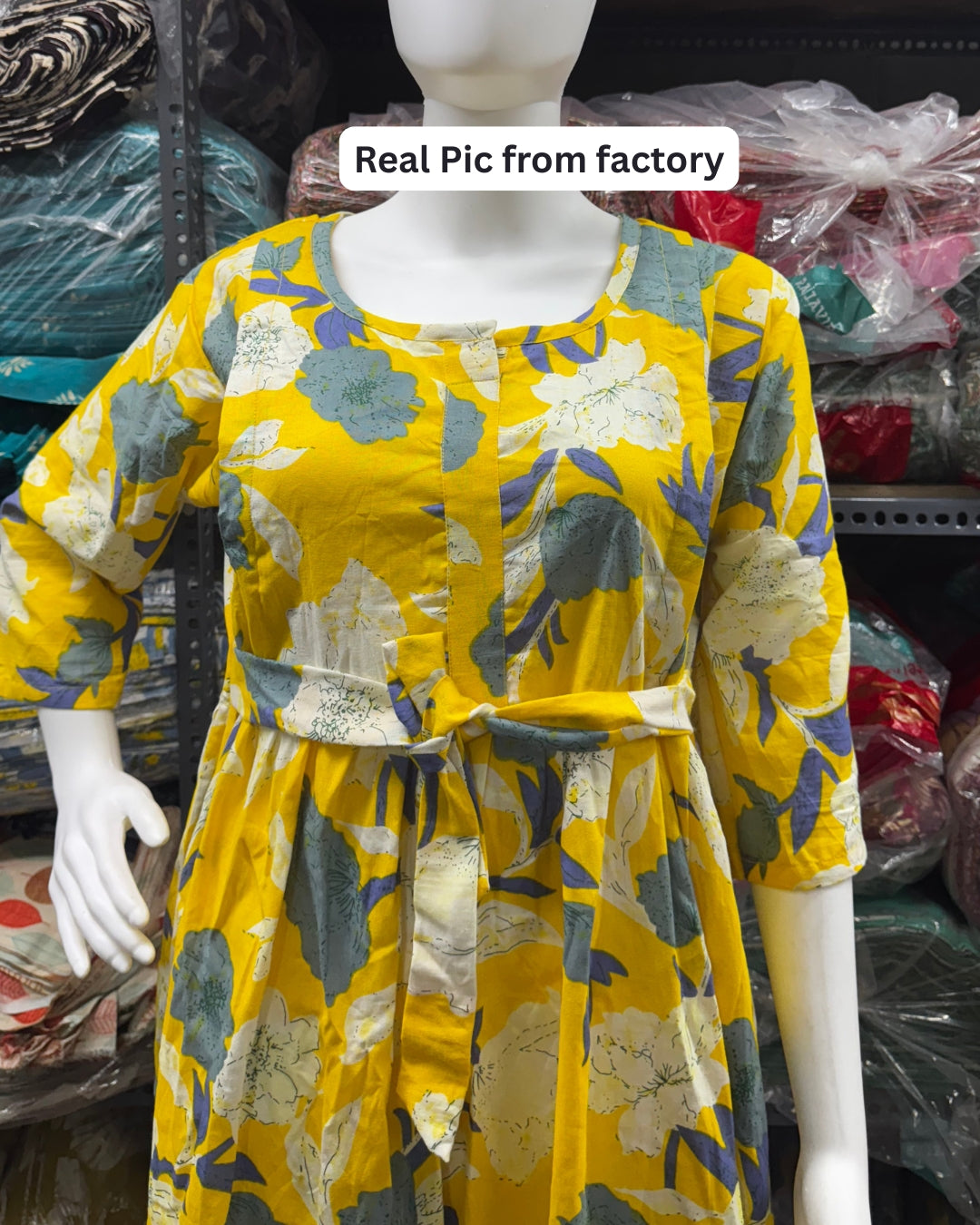 Yellow Mix Flower - Maternity Kurti with Feeding Zips - Cotton Flex - Thicker Fabric