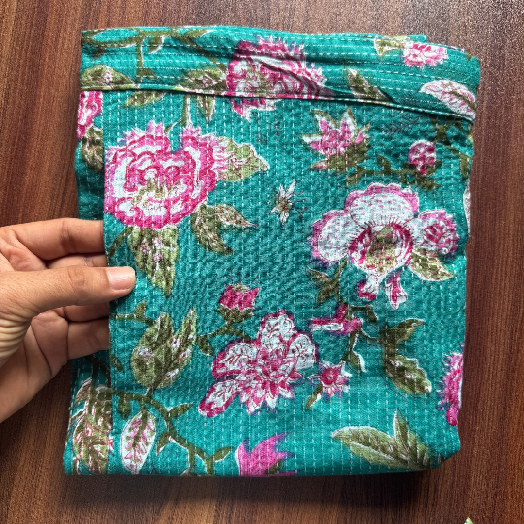 Katha Work - Green Pink Flower - Cord Set - Pure Cotton