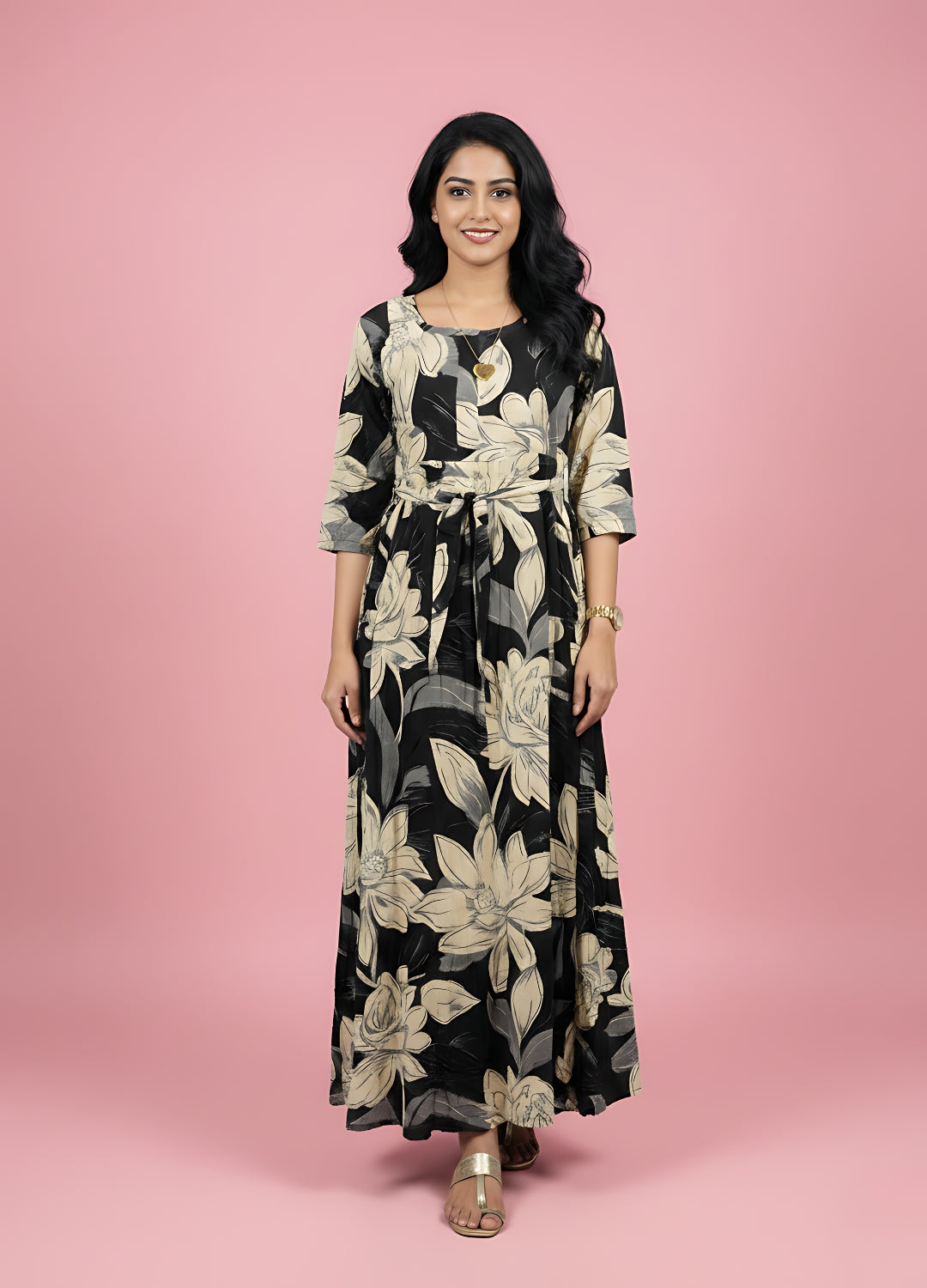 Black Cream Rose - Maternity Kurti with Feeding Zips - Soft Rayon