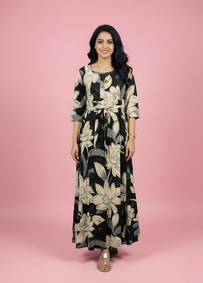 Black Cream Rose - Maternity Kurti with Feeding Zips - Soft Rayon